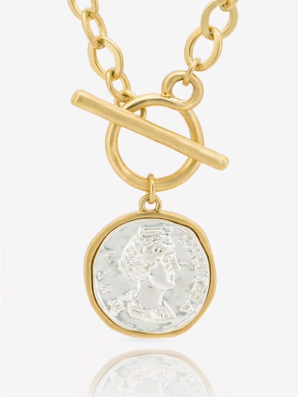 18K Gold Coin Medallion Necklace Chunky Toggle Chain Vintage Worn Pendant 18”